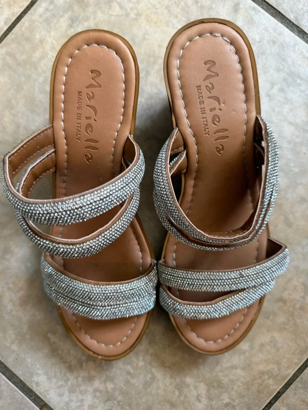Marille. Silver Crystal Strappy Brown Wood Wedge Sandals soft rubber - Picture 6 of 7